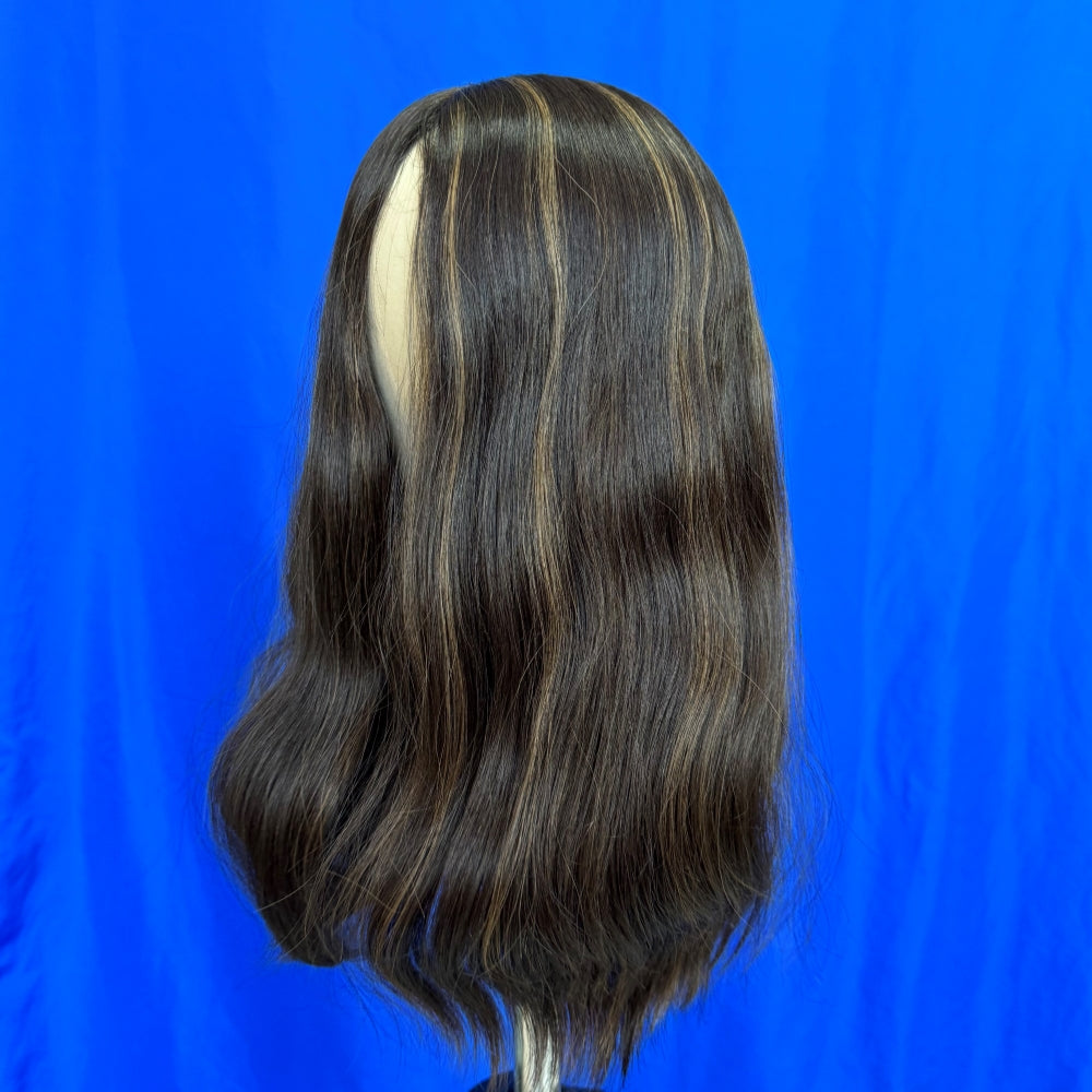 Dark brown with soft, light blonde streaks silk top wig