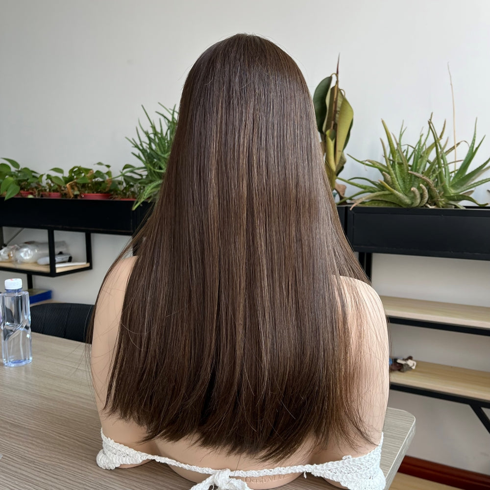 Natural Brunette with Subtle Blonde Streaks Lace Top Wig