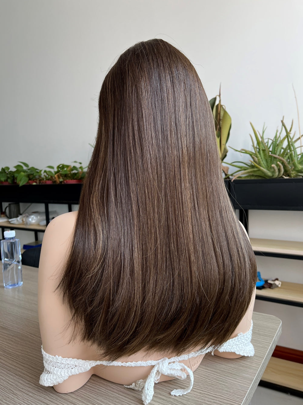 Natural Brunette with Subtle Blonde Streaks Lace Top Wig