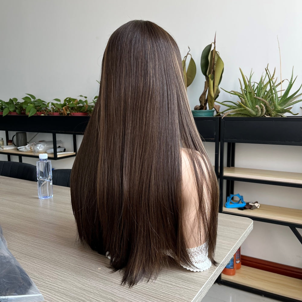 Natural Brunette with Subtle Blonde Streaks Lace Top Wig