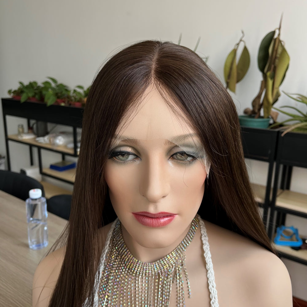 Natural Brunette with Subtle Blonde Streaks Lace Top Wig