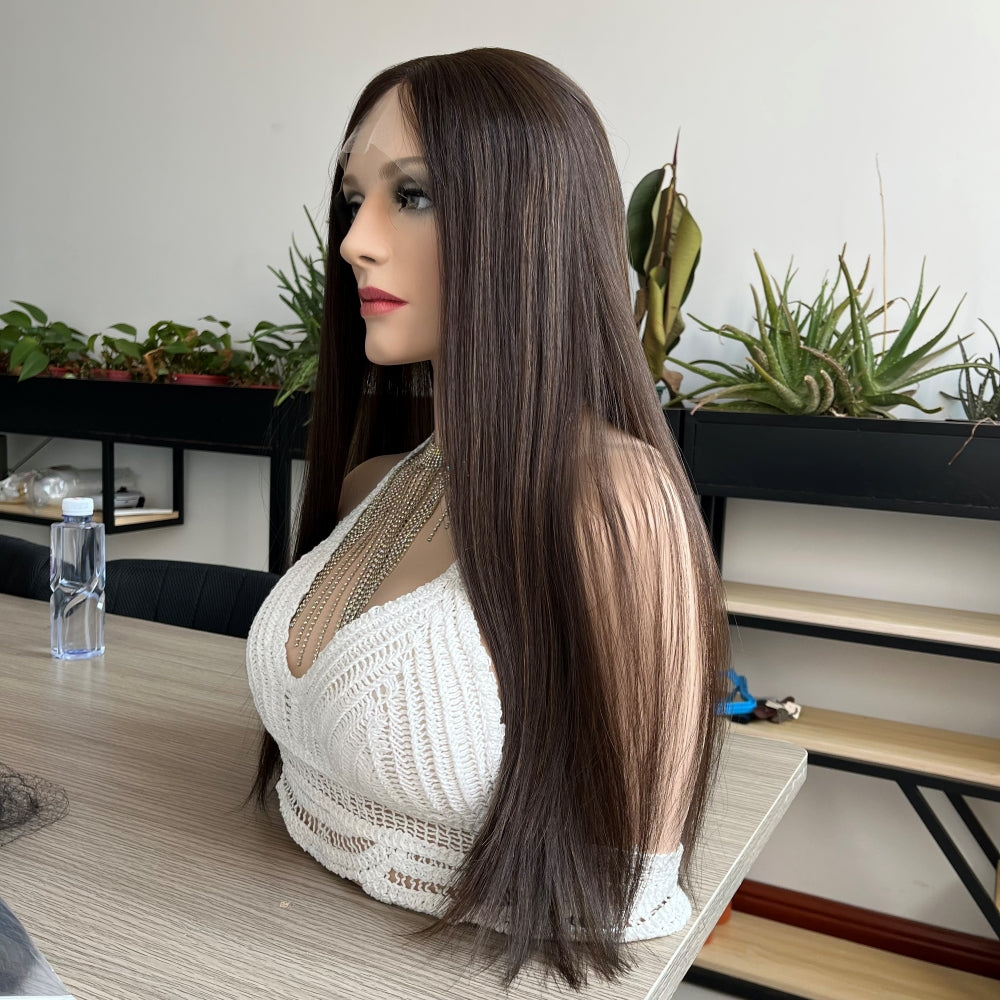 Natural Brunette with Subtle Blonde Streaks Lace Top Wig