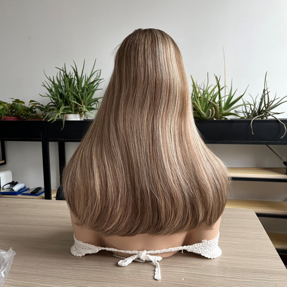 Balayage rich chestnut brown base with cool blonde highlights Lace Top Wig