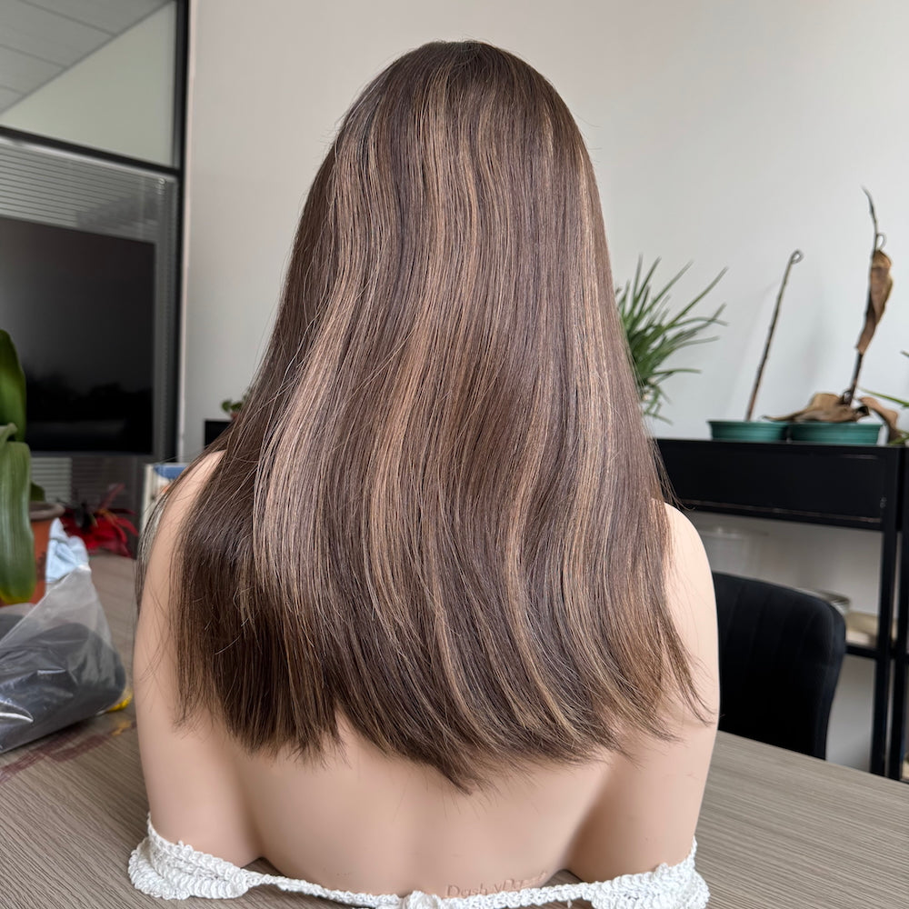 Medium Brown with Sun-Kissed Blonde Highlights Lace Top Wig