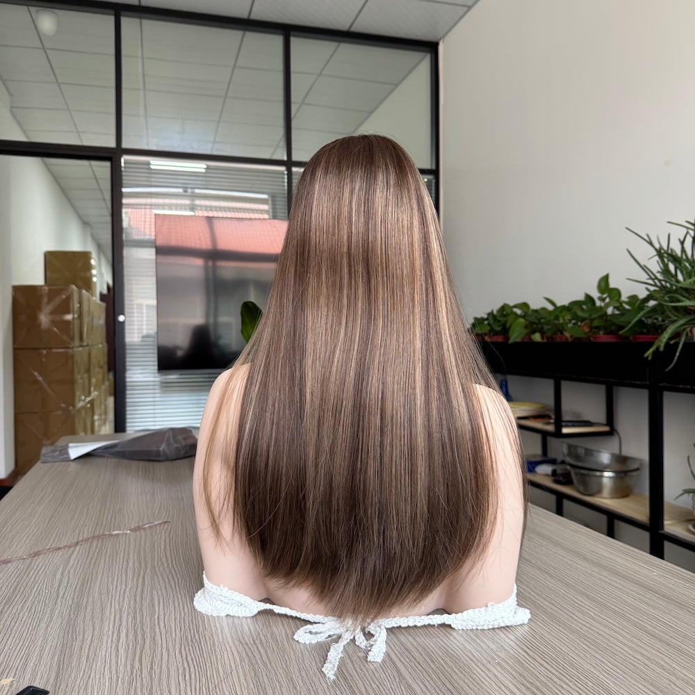 Natural Brown with Sun-Kissed Blonde Streaks Lace Top Wig