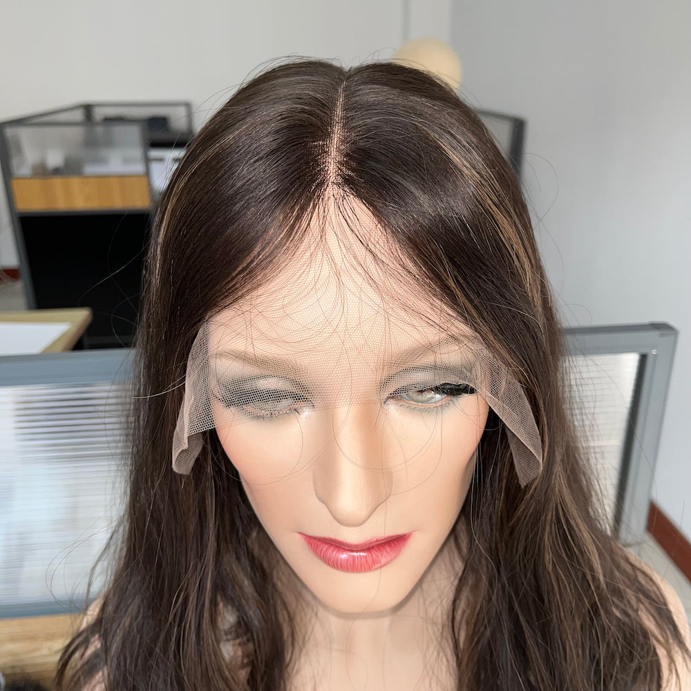 Natural dark brown with light brown highlights lace top wig