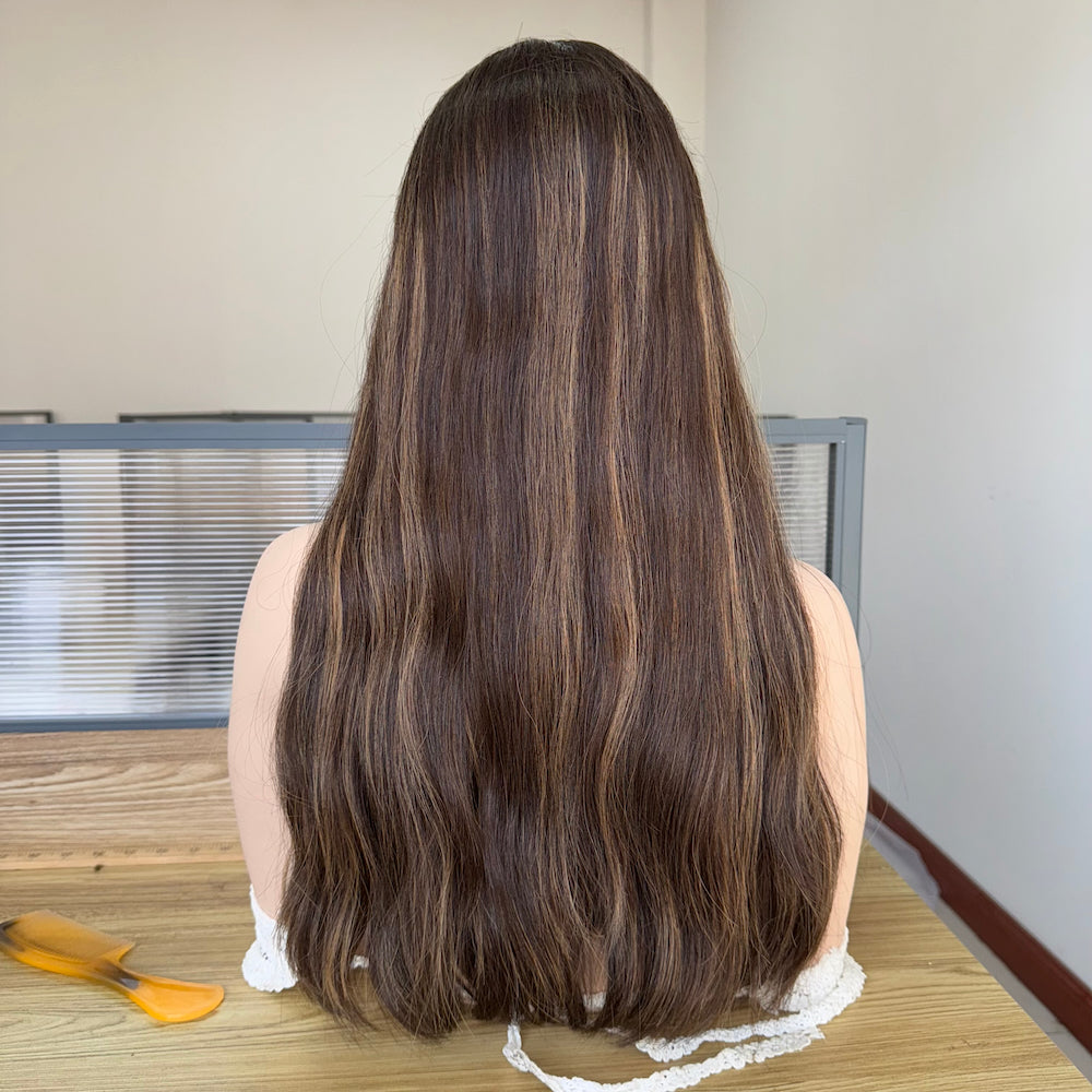 Medium brown with caramel highlights lace top wig