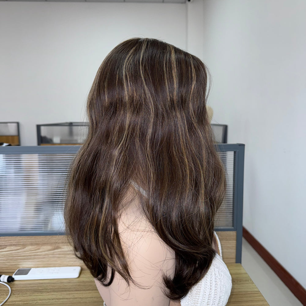Dark Chocolate Brown with Soft Golden Highlights Skin Top Wig