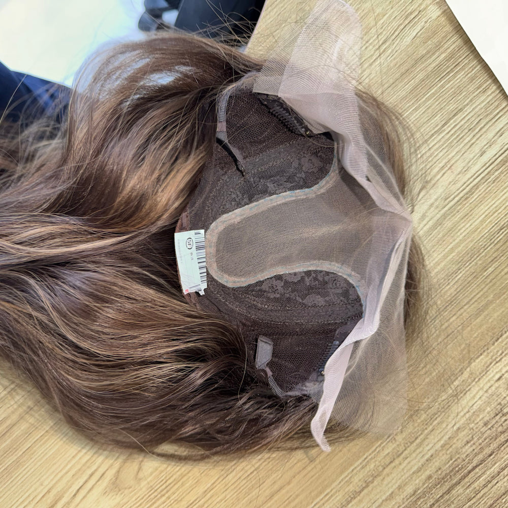 Long Wavy Lace Top Wig in Rich Dark Brown with Soft Caramel Highlight
