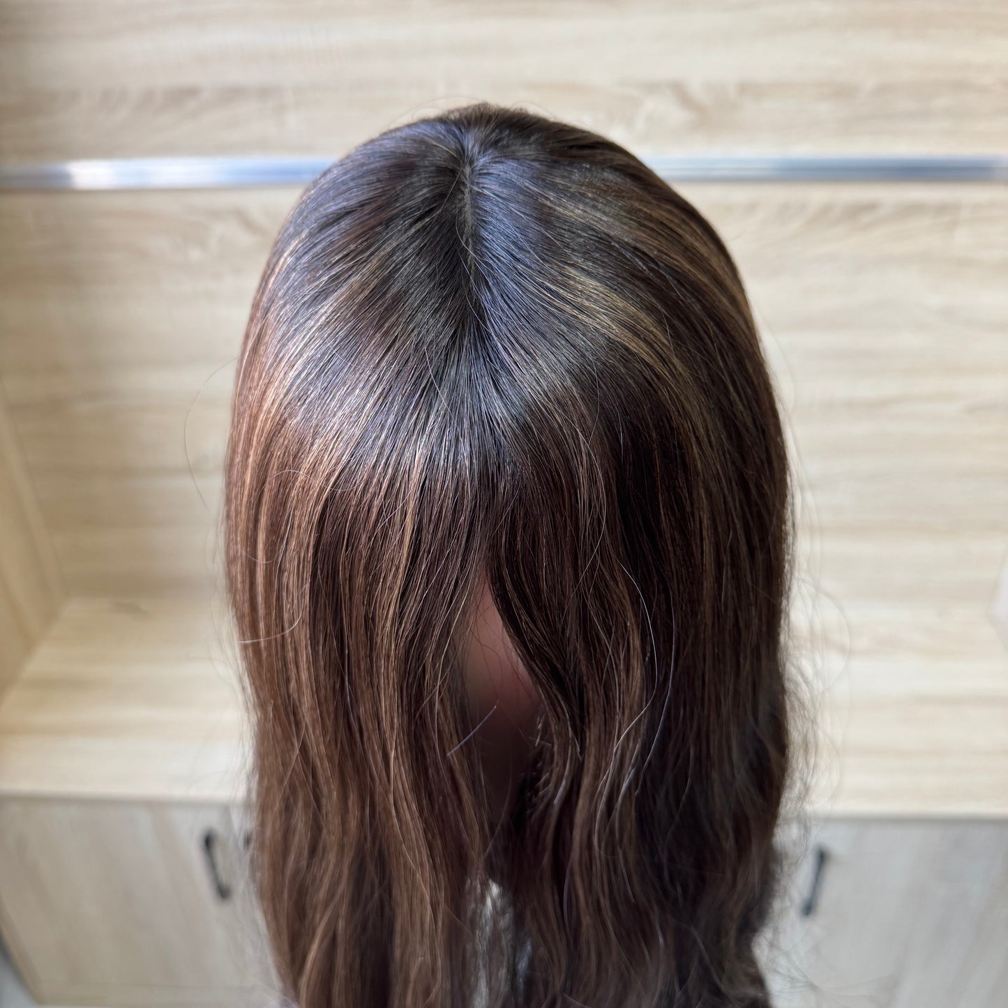 Natural Dark Brown with Subtle Caramel Streaks Skin Top Wig