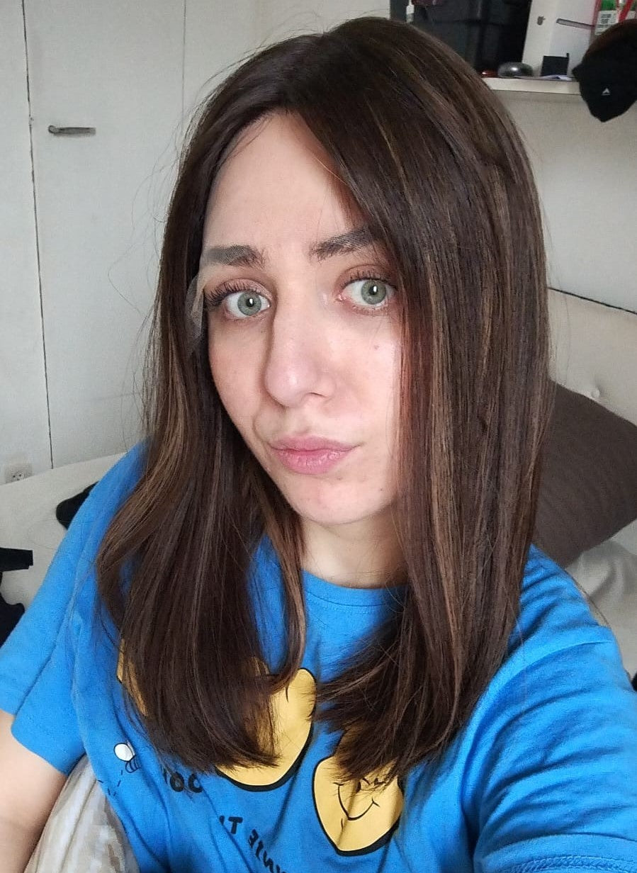 Natural dark brown with light caramel streaks lace top wig