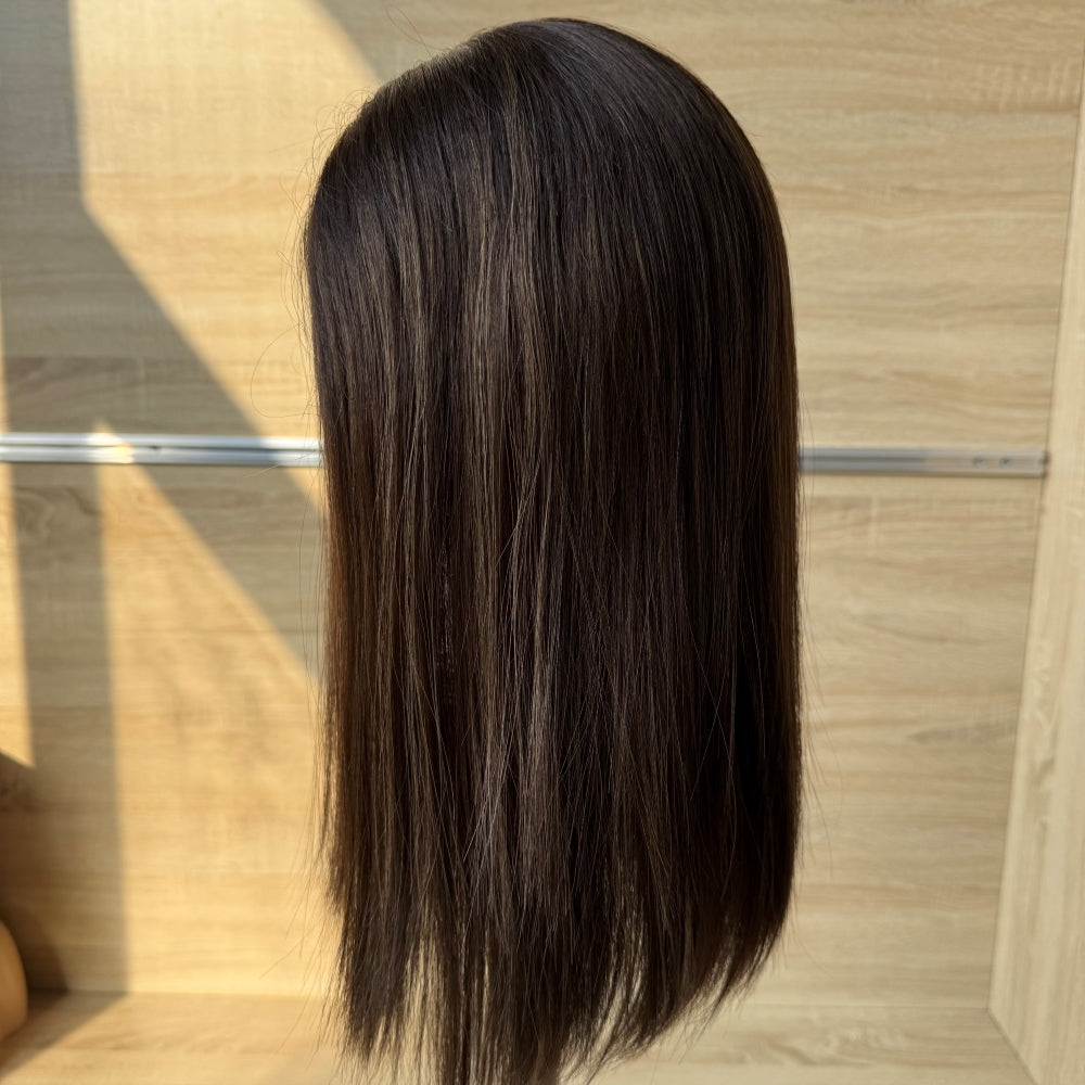 Natural dark brown with light caramel streaks lace top wig