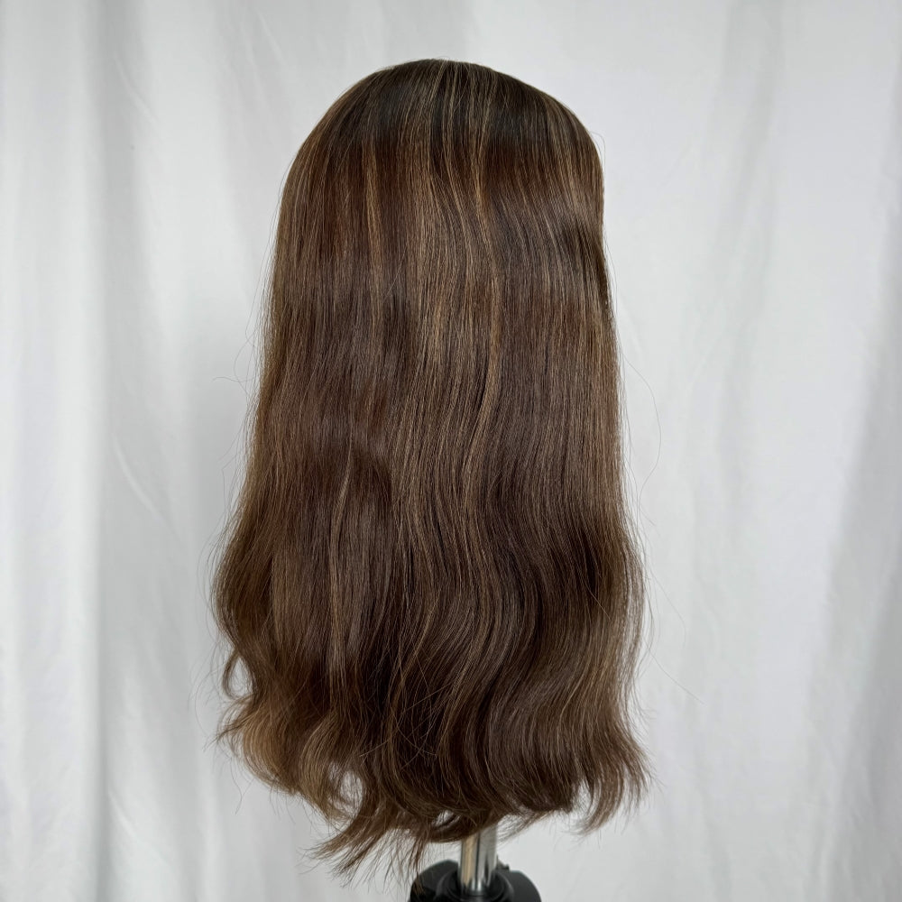 Rich chestnut brown with subtle golden highlights silk top wig