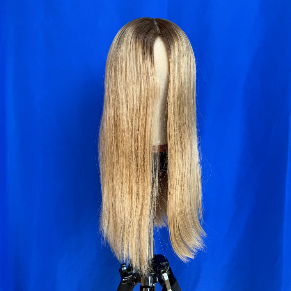Light golden blonde with dark roots skin top wig