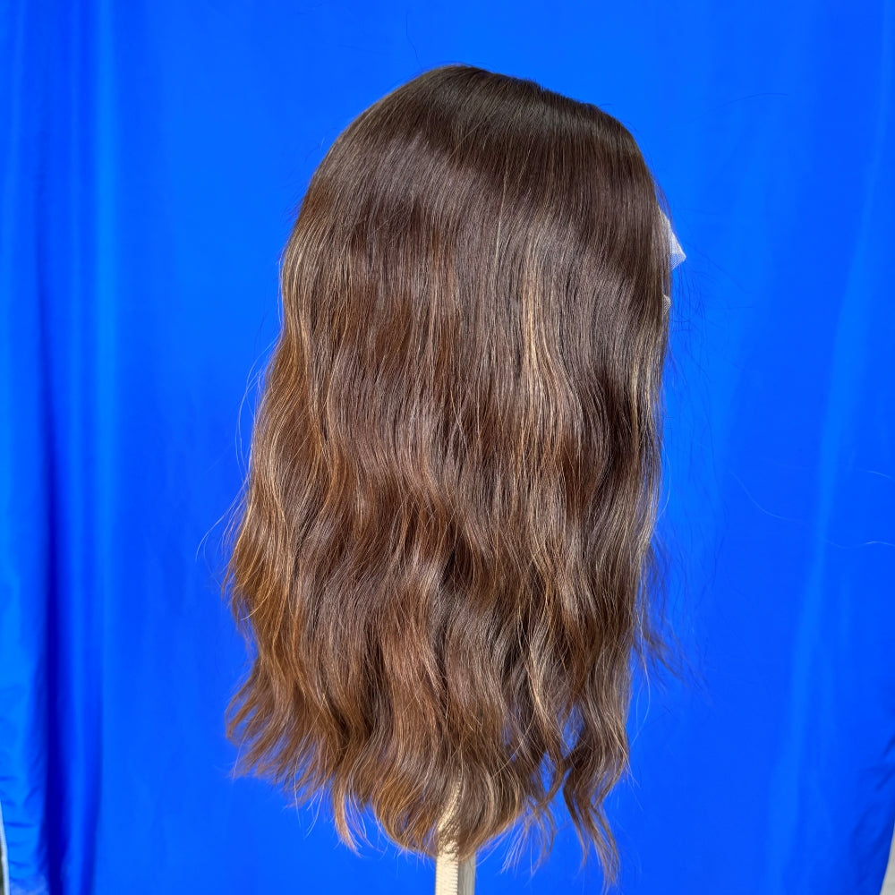 Classic brunette with golden brown highlights lace top wig