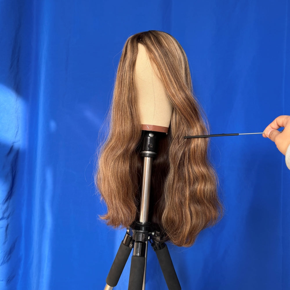 Rich medium brown with soft caramel blonde highlights skin top wig