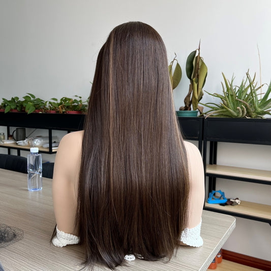 Natural Brunette with Subtle Blonde Streaks Lace Top Wig