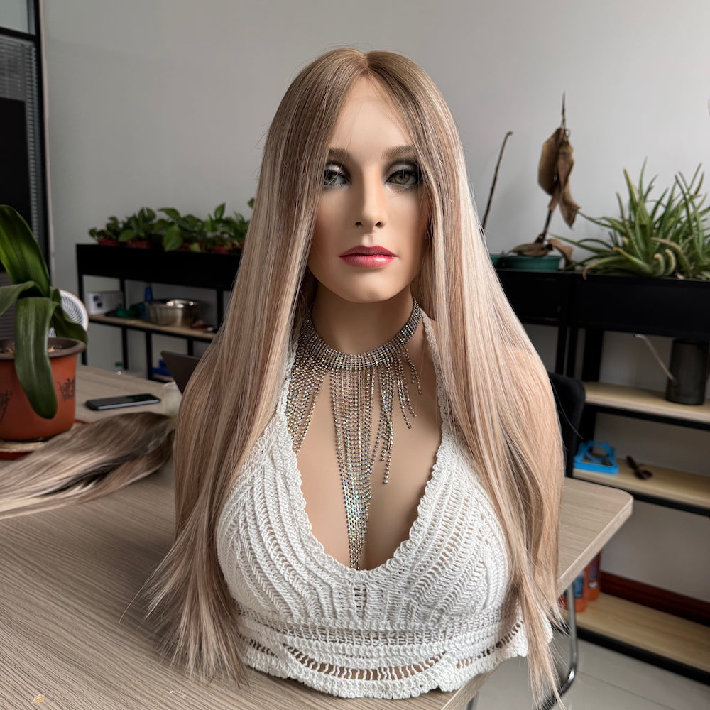 Rooted Ash Blonde with Light Platinum Ends Lace Top Wig