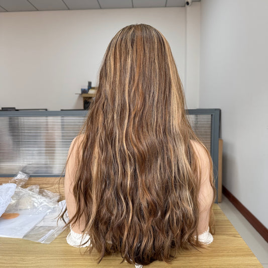 Rich medium brown with soft caramel blonde highlights skin top wig