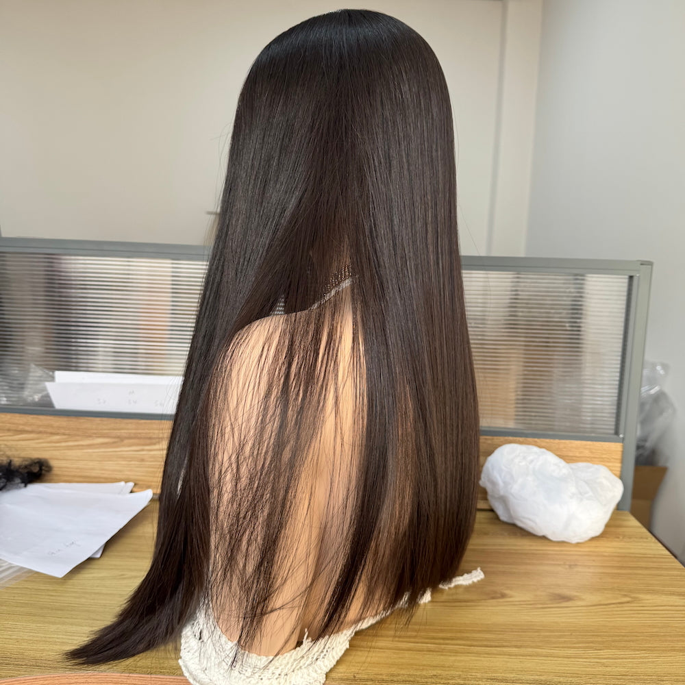 Sleek hair lace top wig linered with PU