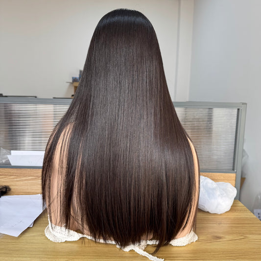 Sleek hair lace top wig linered with PU