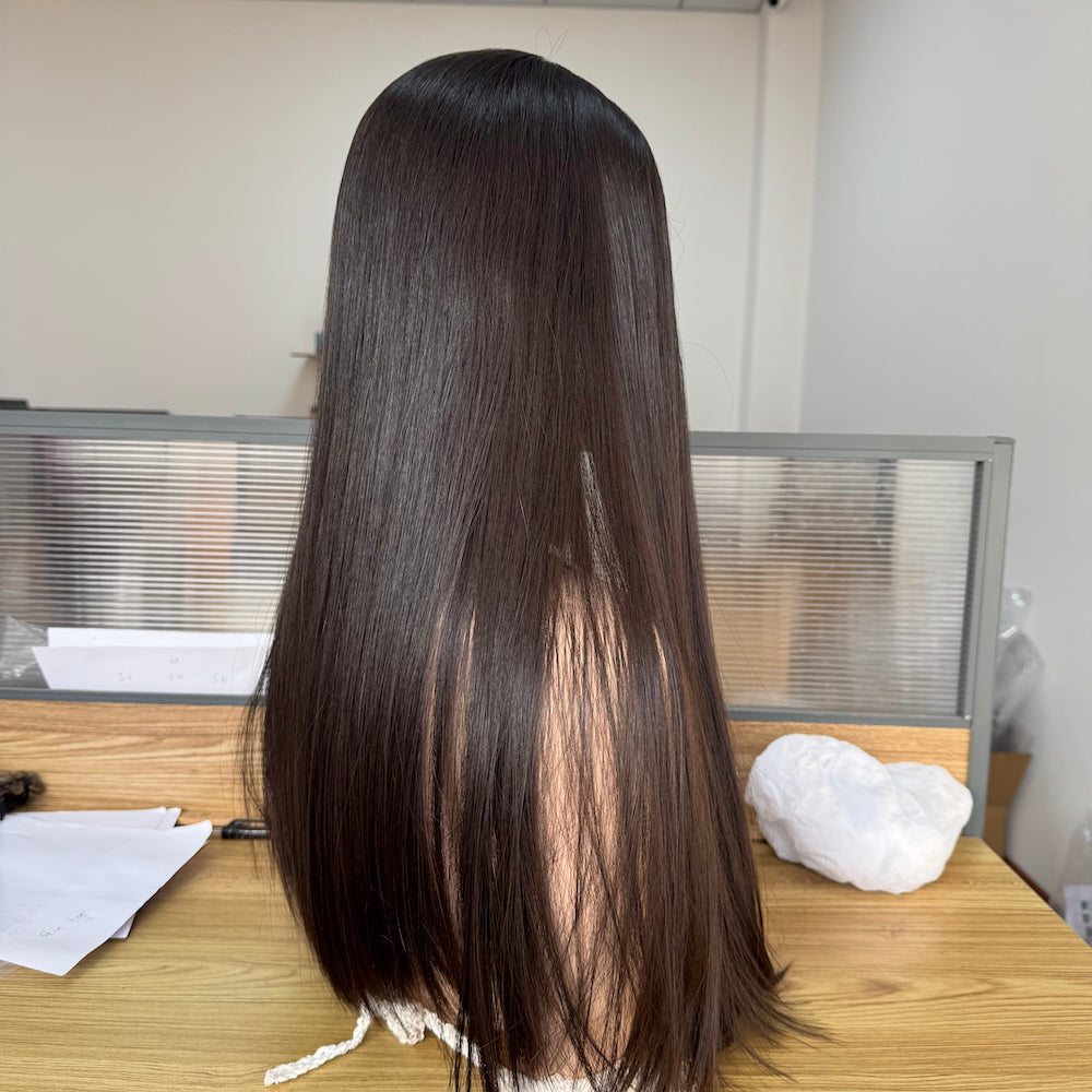 Sleek hair lace top wig linered with PU