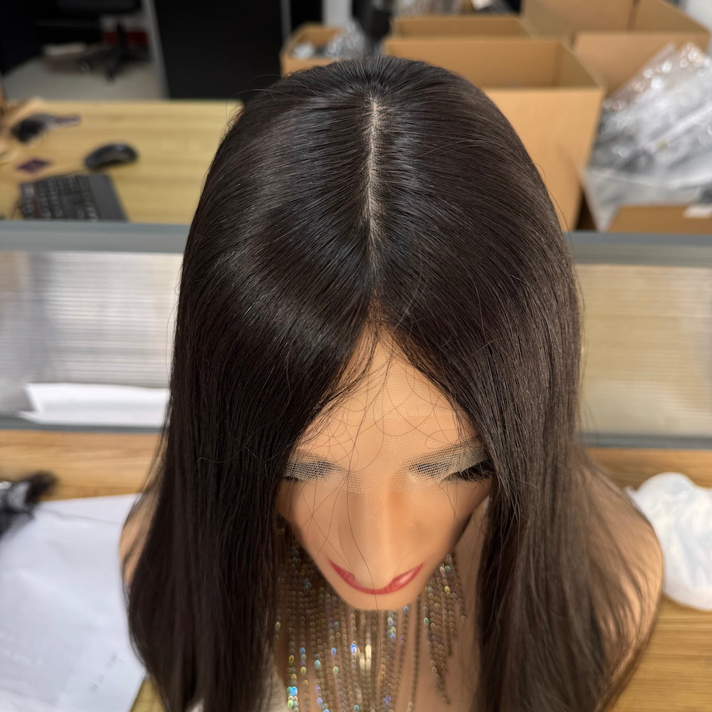 Sleek hair lace top wig linered with PU