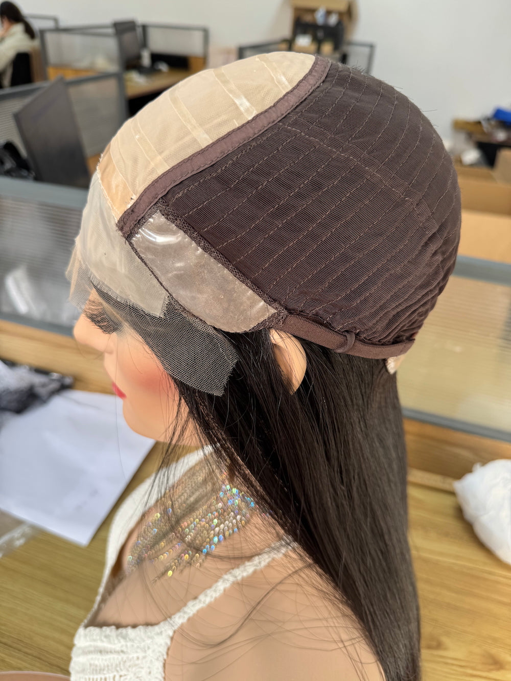 Sleek hair lace top wig linered with PU