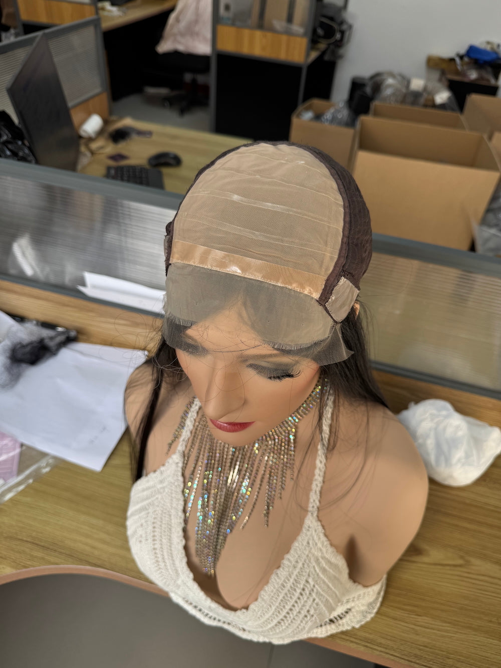 Sleek hair lace top wig linered with PU