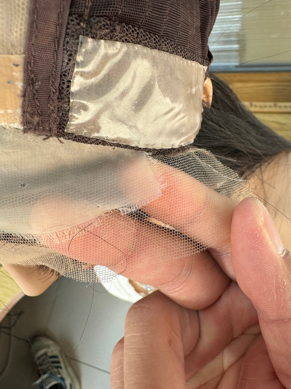 Sleek hair lace top wig linered with PU