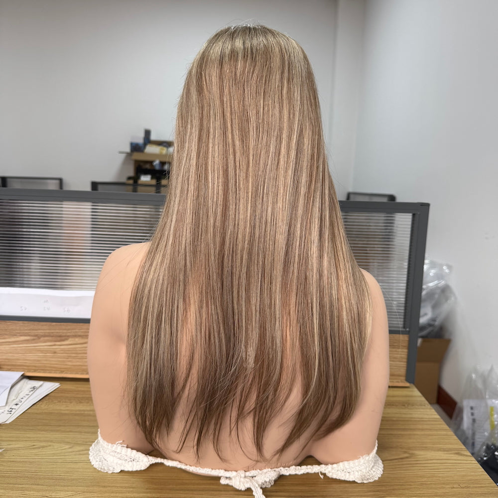 Soft golden balayage with a natural brown base lace topper