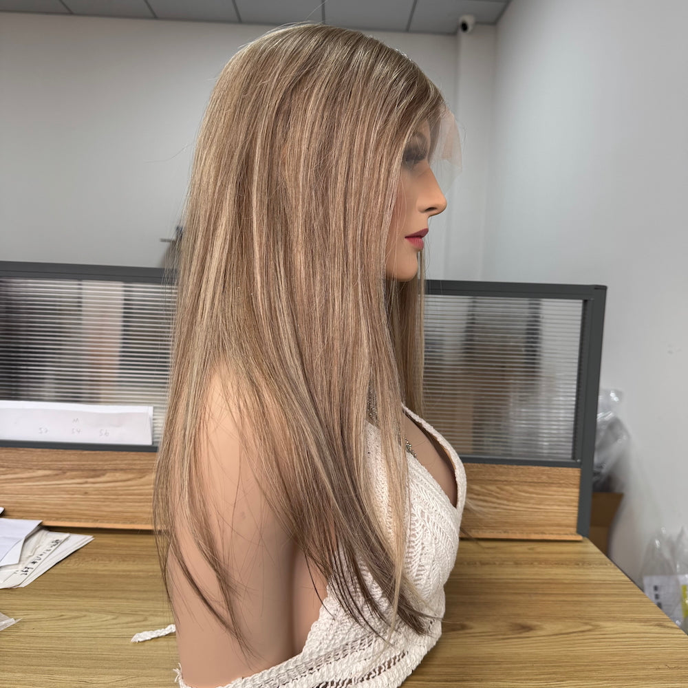 Soft golden balayage with a natural brown base lace topper