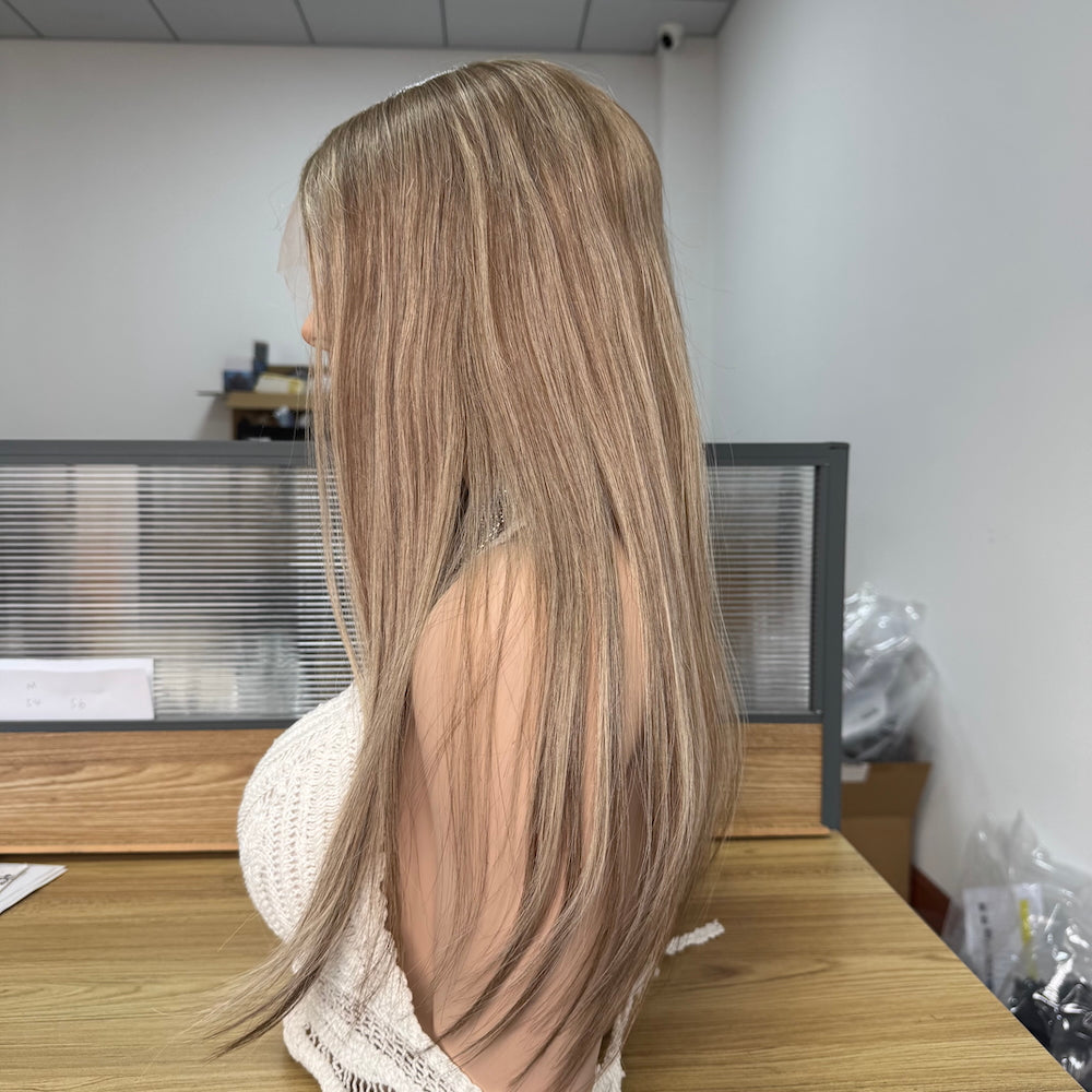 Soft golden balayage with a natural brown base lace topper