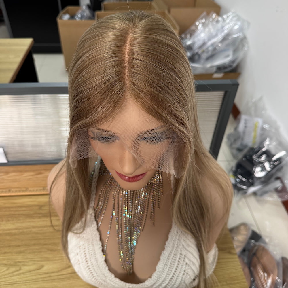 Soft golden balayage with a natural brown base lace topper