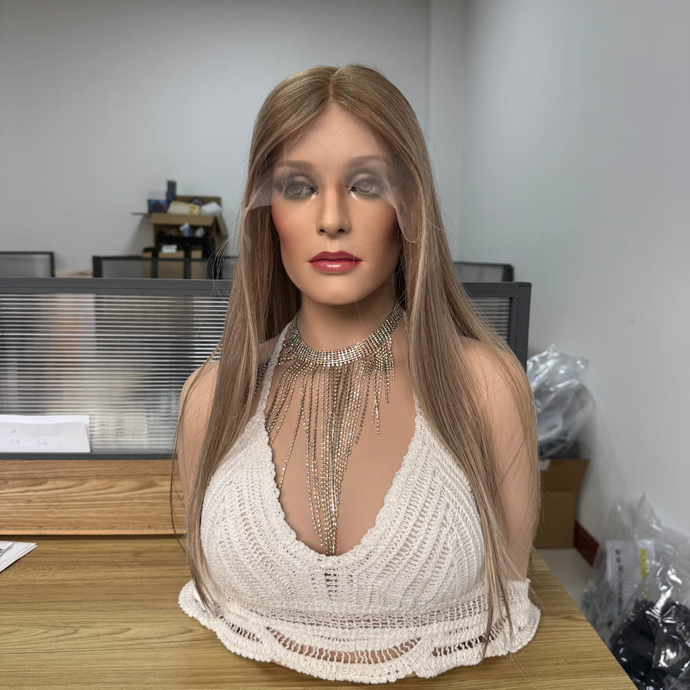 Soft golden balayage with a natural brown base lace topper