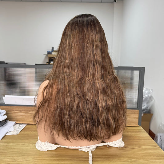 Golden brown with subtle highlights wavy lace top wig