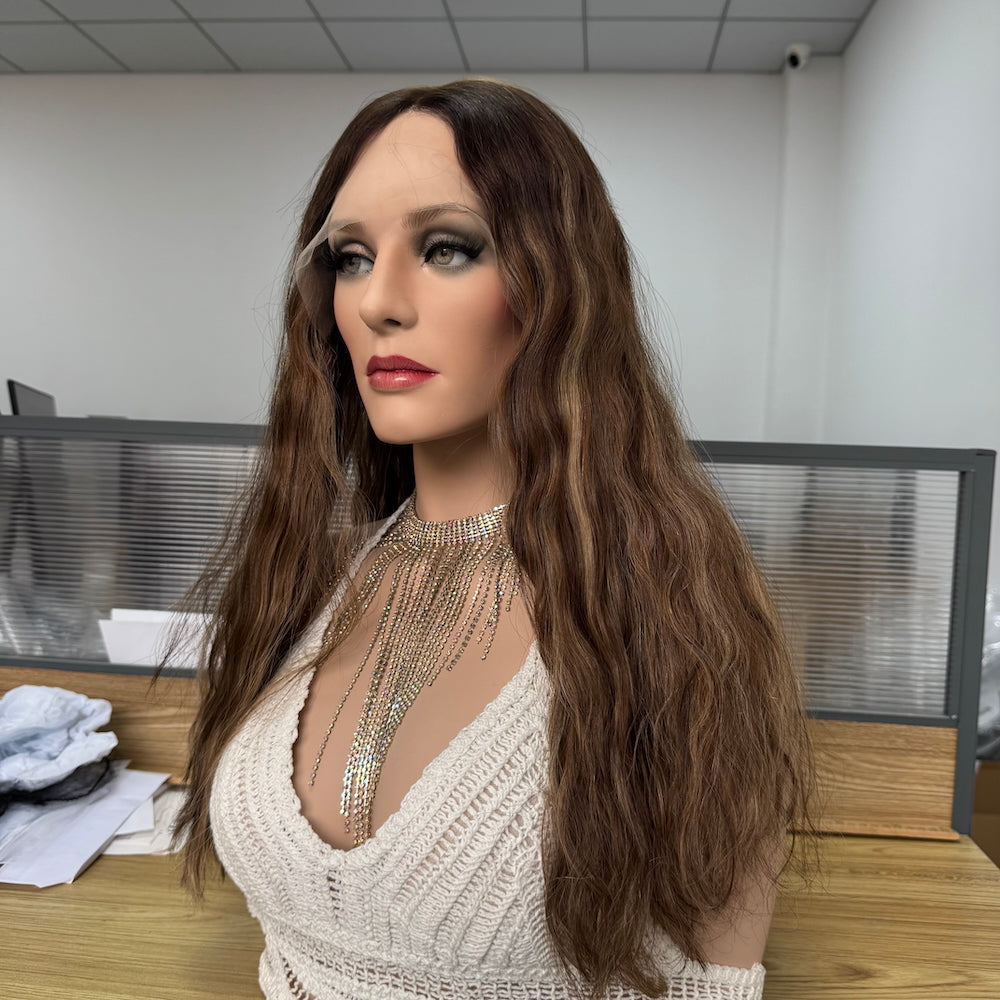 Golden brown with subtle highlights wavy lace top wig