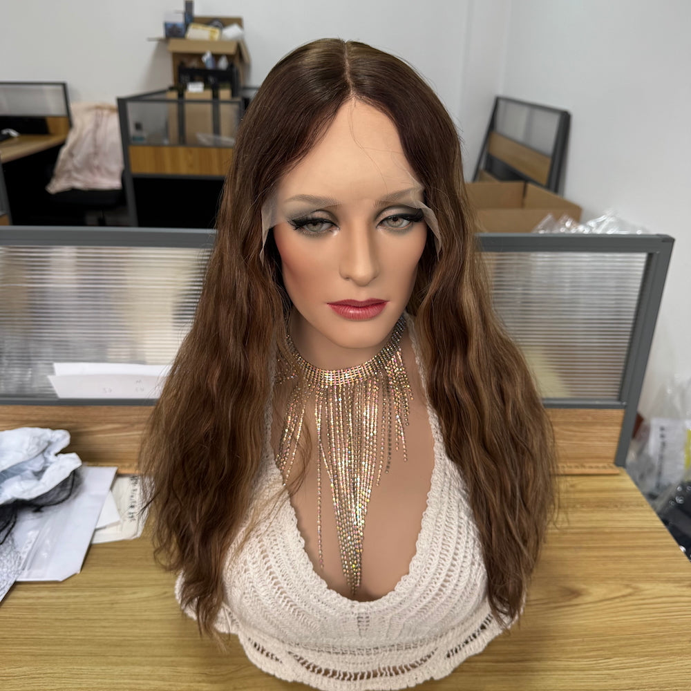 Golden brown with subtle highlights wavy lace top wig