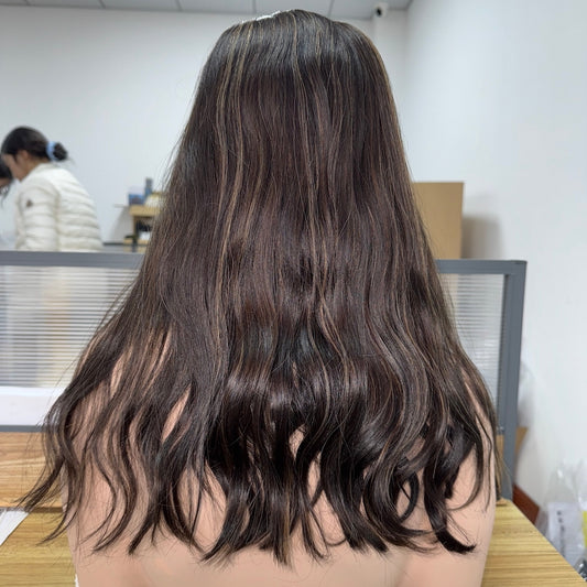 Ash brown highlights wavy skin top wig