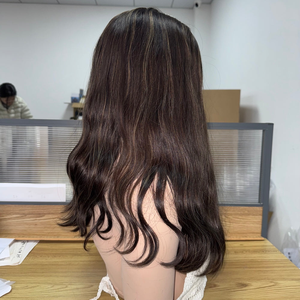 Ash brown highlights wavy skin top wig