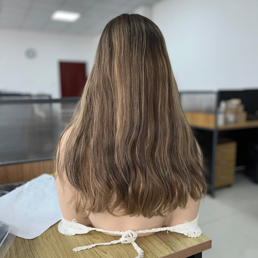 rooted ash brown with soft beige highlights lace top wig