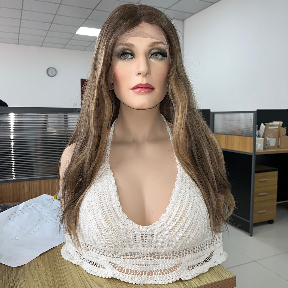 rooted ash brown with soft beige highlights lace top wig