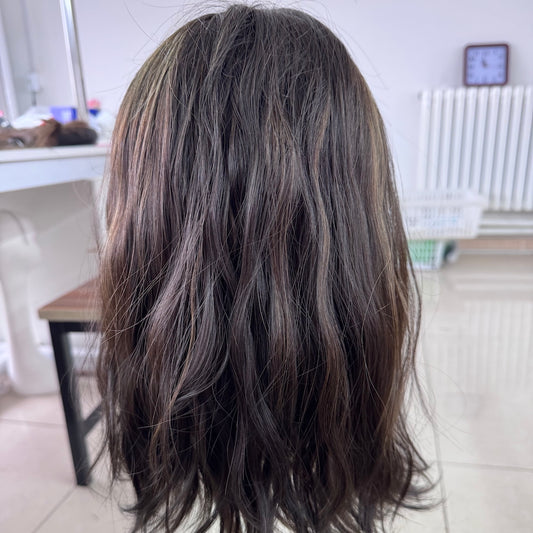 Natural dark brown with light brown highlights lace top wig