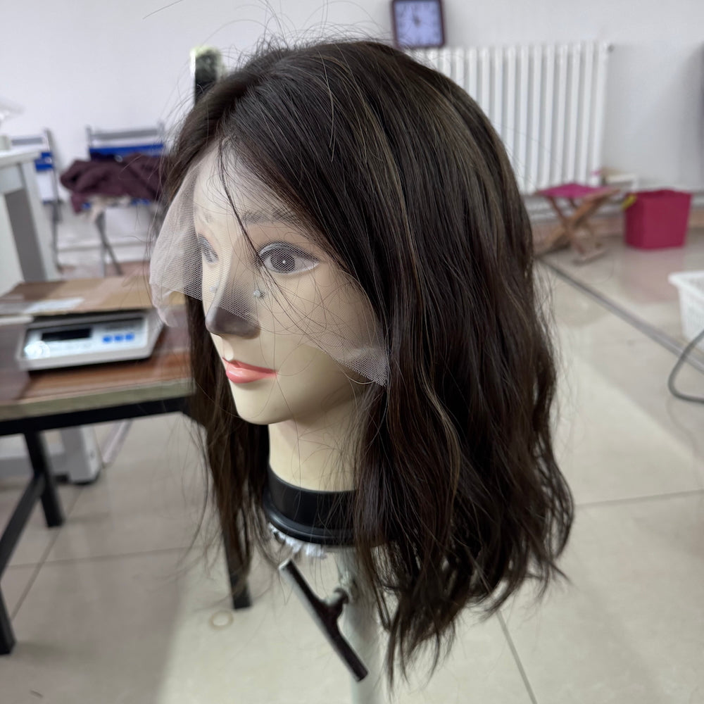 Natural dark brown with light brown highlights lace top wig
