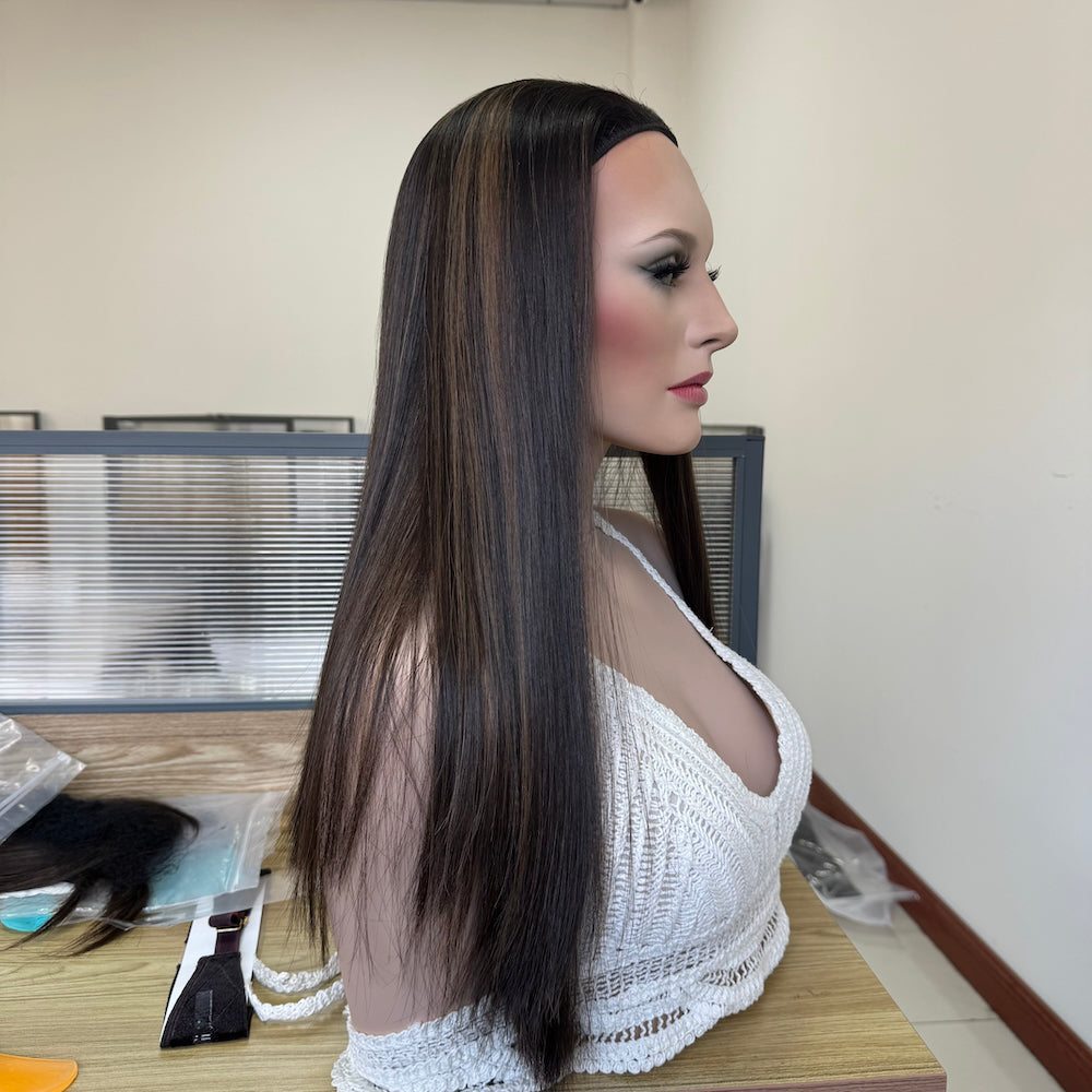Non layered sleek virgin hair dark brown with subtle highlight fall