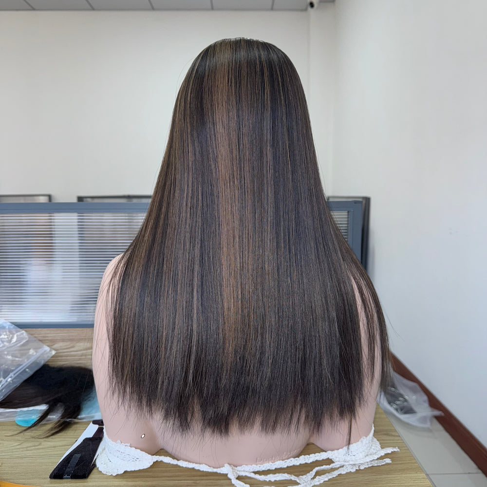 Non layered sleek virgin hair dark brown with subtle highlight fall