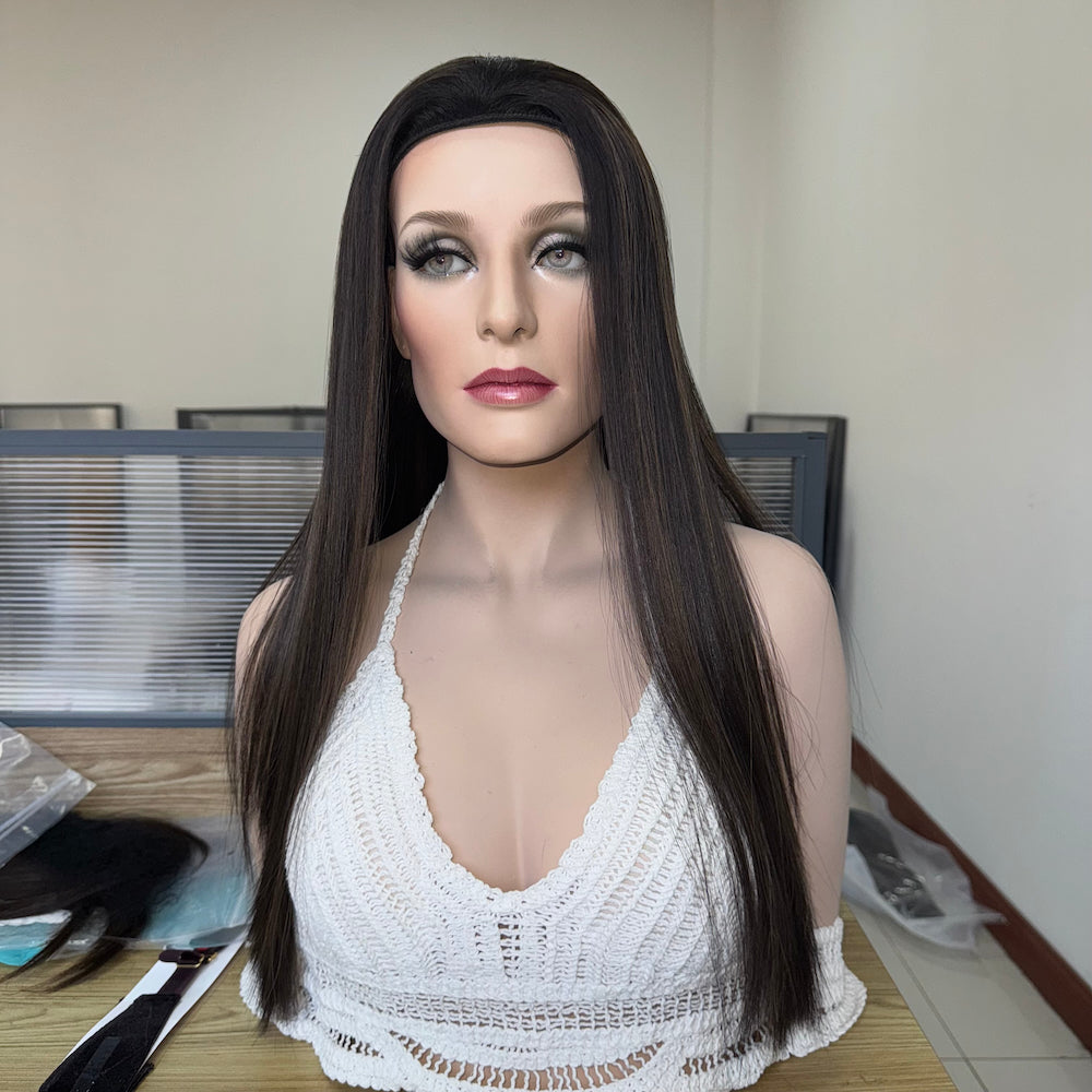 Non layered sleek virgin hair dark brown with subtle highlight fall