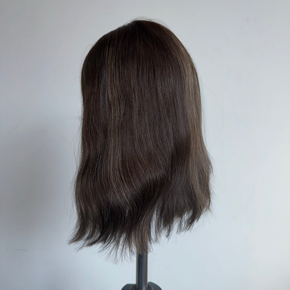 Medium to Dark Brown with very fine, natural highlights lace top wig
