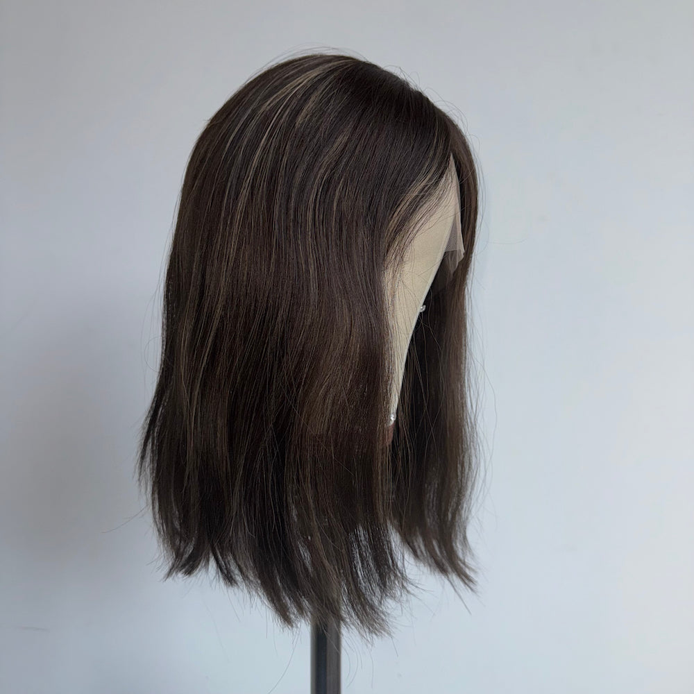 Medium to Dark Brown with very fine, natural highlights lace top wig