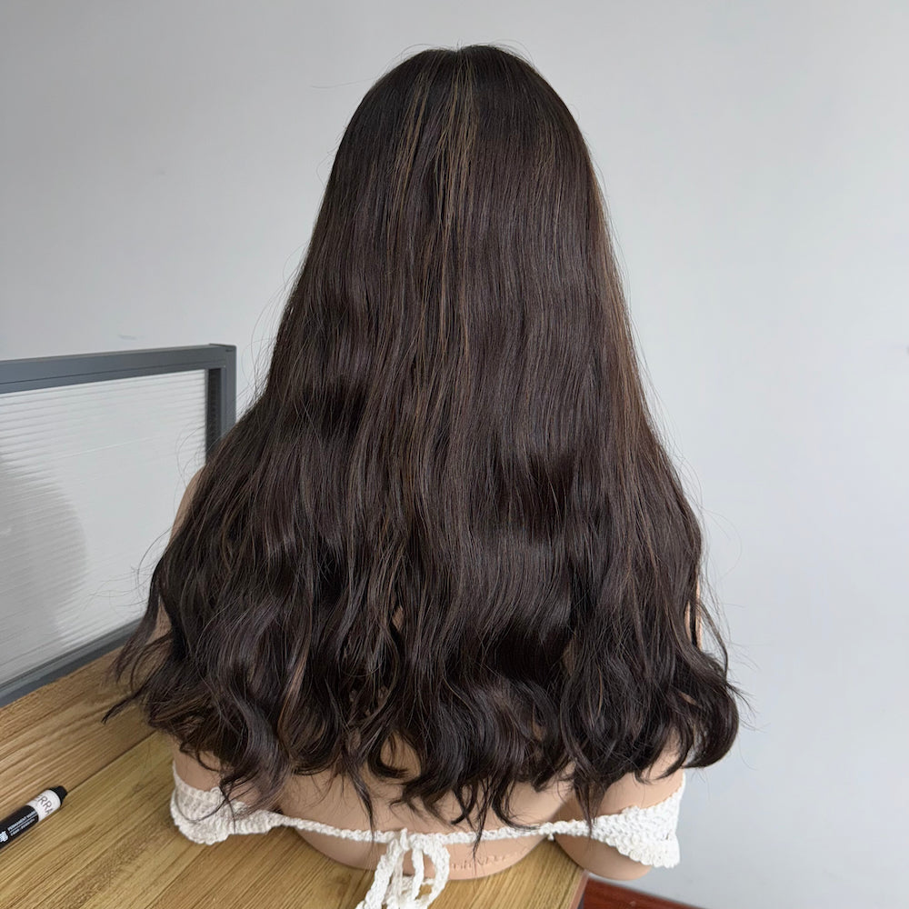 Natural off-black base with subtle warm brown dimension lace front wig